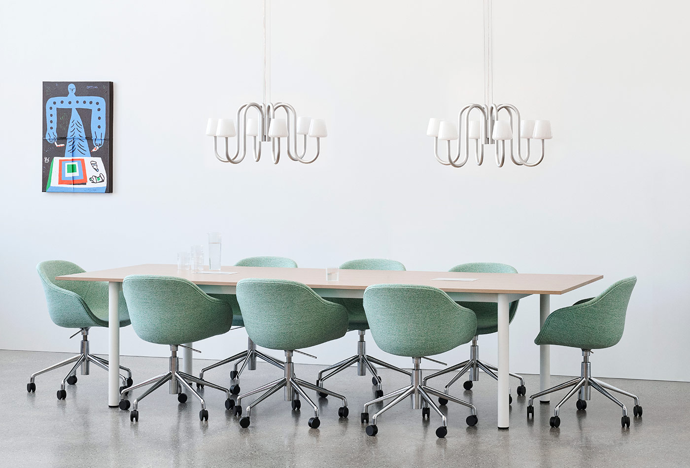 Hay_About_A_Chair_Annex-Table-Overhang-cream-white-frame-wb-lacquered-oak-tabletop_AAC-53-alu-swivel-base-uph-Vanir-0913_Apollo-Chandelier-6-arm_Perforated-Cabinet-Floor-M-steel-blue